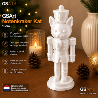 GSArt Notenkraker Kat 15cm &ndash; 3D-geprinte kerstdecoratie - Zijde Wit