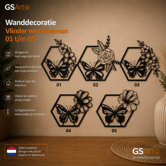 GSArt Wanddecoratie Vlinder met Bloemen 01 t/m 05 25 cm &ndash; 3D Geprinte Muurdecoratie