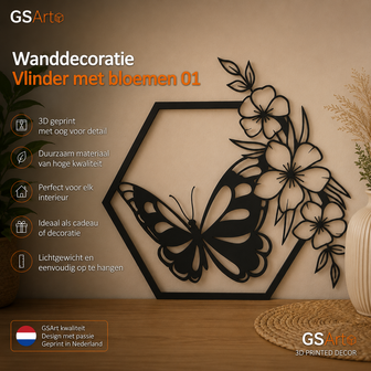 GSArt Wanddecoratie Vlinder met Bloemen 01 t/m 05 25 cm &ndash; 3D Geprinte Muurdecoratie