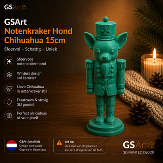 GSArt Notenkraker Kerst Hond Chihuahua 15 cm &ndash; Kerstdecoratie &ndash; 3D Geprint Beeld - Maretak Groen