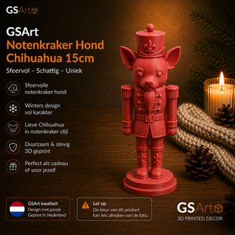 GSArt Notenkraker Kerst Hond Chihuahua 15 cm &ndash; Kerstdecoratie &ndash; 3D Geprint Beeld - Mat Rood