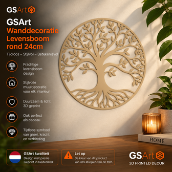 GSArt Wanddecoratie Levensboom Rond 24 cm &ndash; Muurdecoratie Tree of Life &ndash; 3D Geprint - Mat Lattebruin