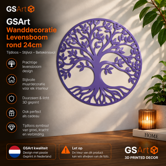 GSArt Tree of Life Wall Decor Round 24 cm &ndash; Tree of Life Wall Art &ndash; 3D Printed - Zijde Paars