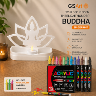 GSArt Schilder je eigen Theelichthouder Buddha &ndash; Inclusief 12 Acryl Brush Markers &amp; LED