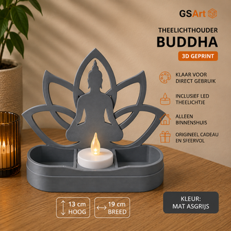GSArt Theelichthouder Buddha 19cm &ndash; Lotus &ndash; Inclusief LED Theelichtje - Mat Asgrijs