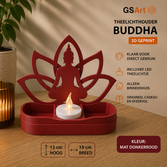 GSArt Theelichthouder Buddha 19cm &ndash; Lotus &ndash; Inclusief LED Theelichtje - Mat Donkerrood