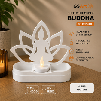 GSArt Theelichthouder Buddha 19cm &ndash; Lotus &ndash; Inclusief LED Theelichtje - Mat Wit
