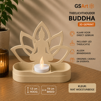 GSArt Theelichthouder Buddha 19cm &ndash; Lotus &ndash; Inclusief LED Theelichtje - Mat Woestijnbeige