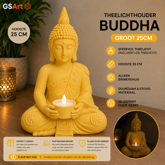 GSArt Theelichthouder Buddha Groot 25 cm &ndash; Boeddha Beeld met LED Theelichtje - Mat Geel