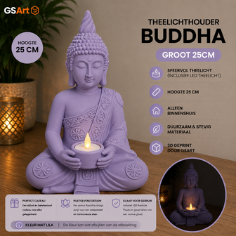 GSArt Theelichthouder Buddha Groot 25 cm &ndash; Boeddha Beeld met LED Theelichtje - Mat Lila