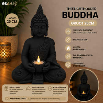 GSArt Theelichthouder Buddha Groot 25 cm &ndash; Boeddha Beeld met LED Theelichtje - Mat Zwart