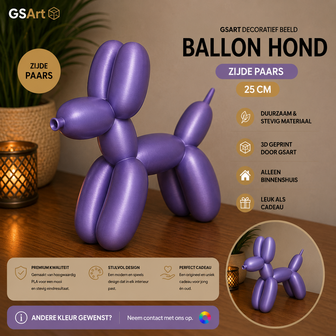 GSArt Decoratief Beeld Ballon Hond &ndash; 3D Geprint &ndash; Moderne Woondecoratie - 25cm Zijde Paars