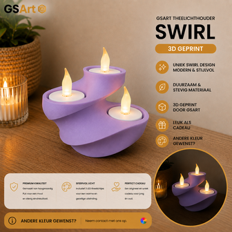 GSArt Theelichthouder Swirl &ndash; 3D Geprint &ndash; Inclusief 3 LED Theelichtjes - Mat Lila