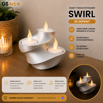 GSArt Theelichthouder Swirl &ndash; 3D Geprint &ndash; Inclusief 3 LED Theelichtjes - Zijde Zilver