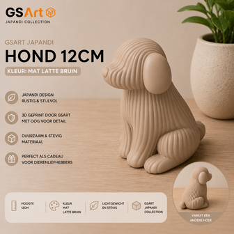 GSArt Japandi Hond &ndash; 3D Geprint Decoratiebeeld &ndash; Modern Japandi Woonaccessoire - 12cm Mat Lattebruin