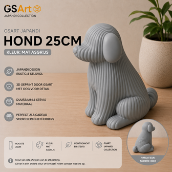 GSArt Japandi Hond &ndash; 3D Geprint Decoratiebeeld &ndash; Modern Japandi Woonaccessoire - 25cm Mat Asgrijs
