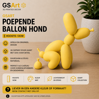 GSArt Decoratief Beeld Poepende Ballon Hond &ndash; Grappige Woondecoratie - 13cm Mat Geel