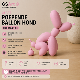GSArt Decoratief Beeld Poepende Ballon Hond &ndash; Grappige Woondecoratie - 20cm Mat Roze