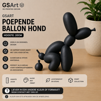 GSArt Decoratief Beeld Poepende Ballon Hond &ndash; Grappige Woondecoratie - 20cm Mat Zwart