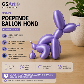 GSArt Decoratief Beeld Poepende Ballon Hond &ndash; Grappige Woondecoratie - 20cm Zijde Paars