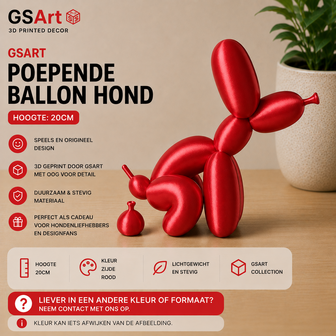 GSArt Decoratief Beeld Poepende Ballon Hond &ndash; Grappige Woondecoratie - 20cm Zijde Rood