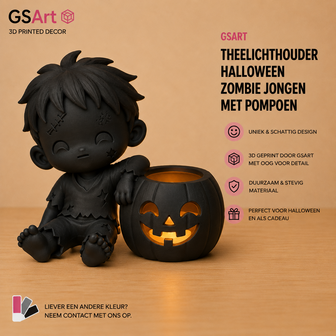 GSArt Theelichthouder Halloween Zombie Jongen met Pompoen &ndash; 3D Geprint &ndash; Inclusief LED Theelichtje