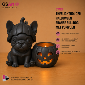 GSArt Theelichthouder Halloween Franse Bulldog met Pompoen &ndash; 3D Geprint &ndash; Inclusief LED Theelichtje