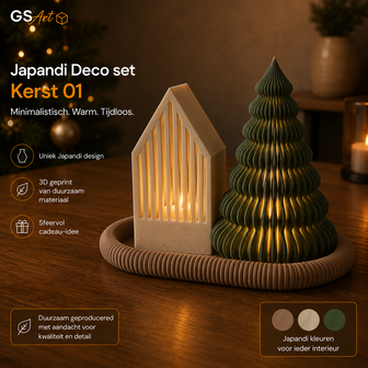 GSArt Japandi Deco Set Kerst 01 &ndash; Kerstdecoratie met Huisje, Kerstboom &amp; LED Kaarsjes &ndash; 3D Geprint