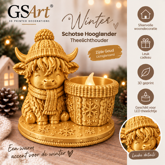 GSArt Theelichthouder Schotse Hooglander Winter &ndash; inclusief LED-kaarsje - Zijde Goud