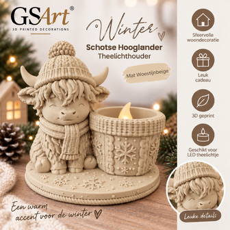 GSArt Teelichthalter Schottisches Hochlandrind Winter &ndash; inkl. LED-Teelicht - Mat Woestijnbeige