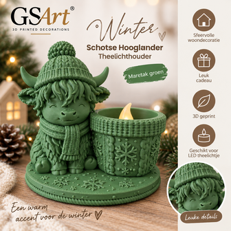 GSArt Teelichthalter Schottisches Hochlandrind Winter &ndash; inkl. LED-Teelicht - Maretak Groen