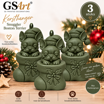 GSArt Kersthanger Hond Snuggler Boston Terrier 3 Stuks &ndash; 3D Geprinte Kerstboom Hangers &ndash; Mat Donkergroen
