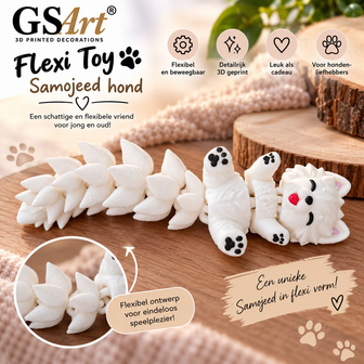 GSArt Flexi Toy Fluffy Tail Samojeed Hond 13 cm &ndash; Beweegbare 3D Geprinte Hondenfiguur &ndash; Cadeau voor Hondenliefhebbers