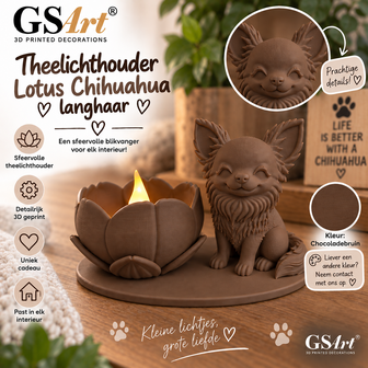GSArt Theelichthouder Lotus Chihuahua Langhaar Hond &ndash; 3D Geprint &ndash; Inclusief LED Theelichtje - Chocoladebruin