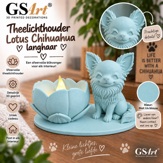 GSArt Theelichthouder Lotus Chihuahua Langhaar Hond &ndash; 3D Geprint &ndash; Inclusief LED Theelichtje - Mat IJsblauw