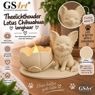 GSArt Theelichthouder Lotus Chihuahua Langhaar Hond &ndash; 3D Geprint &ndash; Inclusief LED Theelichtje - Mat Woestijnbeige