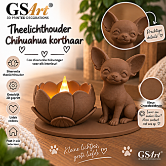 GSArt Theelichthouder Lotus Chihuahua Korthaar Hond &ndash; LED &ndash; Chocoladebruin