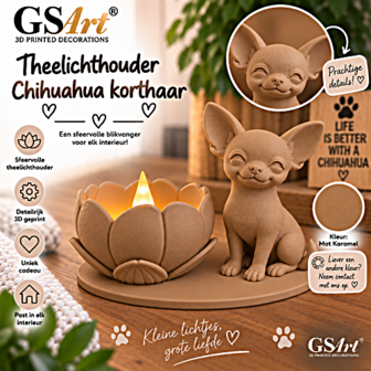 GSArt Theelichthouder Lotus Chihuahua Korthaar Hond &ndash; LED &ndash; Mat Karamel