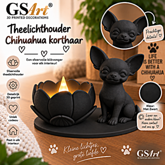 GSArt Theelichthouder Lotus Chihuahua Korthaar Hond &ndash; LED &ndash; Mat Zwart
