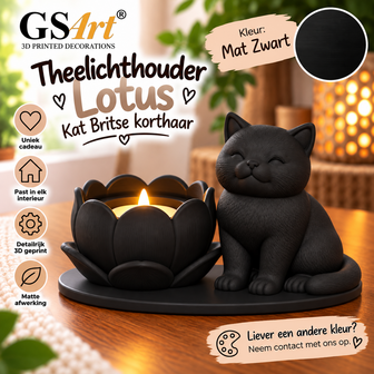 GSArt Theelichthouder Lotus Britse Korthaar Kat &ndash; LED &ndash; Mat Zwart