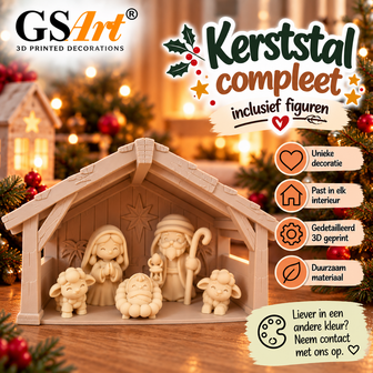 GSArt Kerststal Compleet met 5 Figuren &ndash; 3D Geprint &ndash; Kerstdecoratie