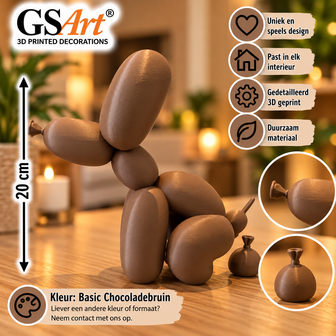 GSArt Poepende Ballon Hond 20 cm &ndash; Decoratief Beeld &ndash; 3D Geprint &ndash; Basic Chocoladebruin