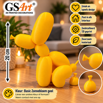 GSArt Poepende Ballon Hond 20 cm &ndash; Grappig Decoratief Beeld &ndash; Basic Zonnebloem Geel