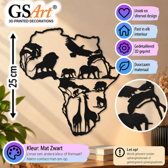 GSArt Wanddecoratie Afrika met Dieren 25 cm &ndash; 3D Geprinte Muurdecoratie - Mat Zwart