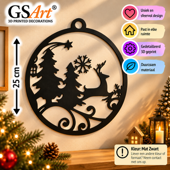 GSArt Wanddecoratie Kerst Rendier met Kerstbomen 25 cm &ndash; Kerstdecoratie - Mat Zwart