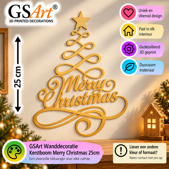 GSArt Wanddecoratie Kerstboom Merry Christmas 25 cm &ndash; Kerstdecoratie - Basic Goud