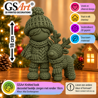 GSArt Knitted Look Kerst Jongen met Rendier 18 cm &ndash; Gebreide Look Beeldje - Mat Donkergroen