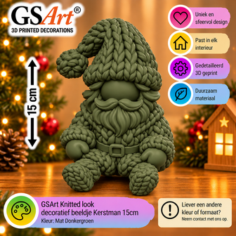 GSArt Knitted Look Kerstman Beeldje 15 cm &ndash; Gebreide Look Kerstdecoratie - Mat Donkergroen