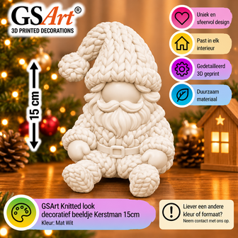 GSArt Knitted Look Kerstman Beeldje 15 cm &ndash; Gebreide Look Kerstdecoratie - Mat Wit
