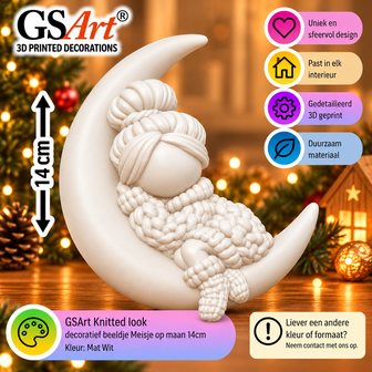GSArt Knitted Look Meisje op Maan 14 cm &ndash; Kerstdecoratie Beeldje - Mat Wit